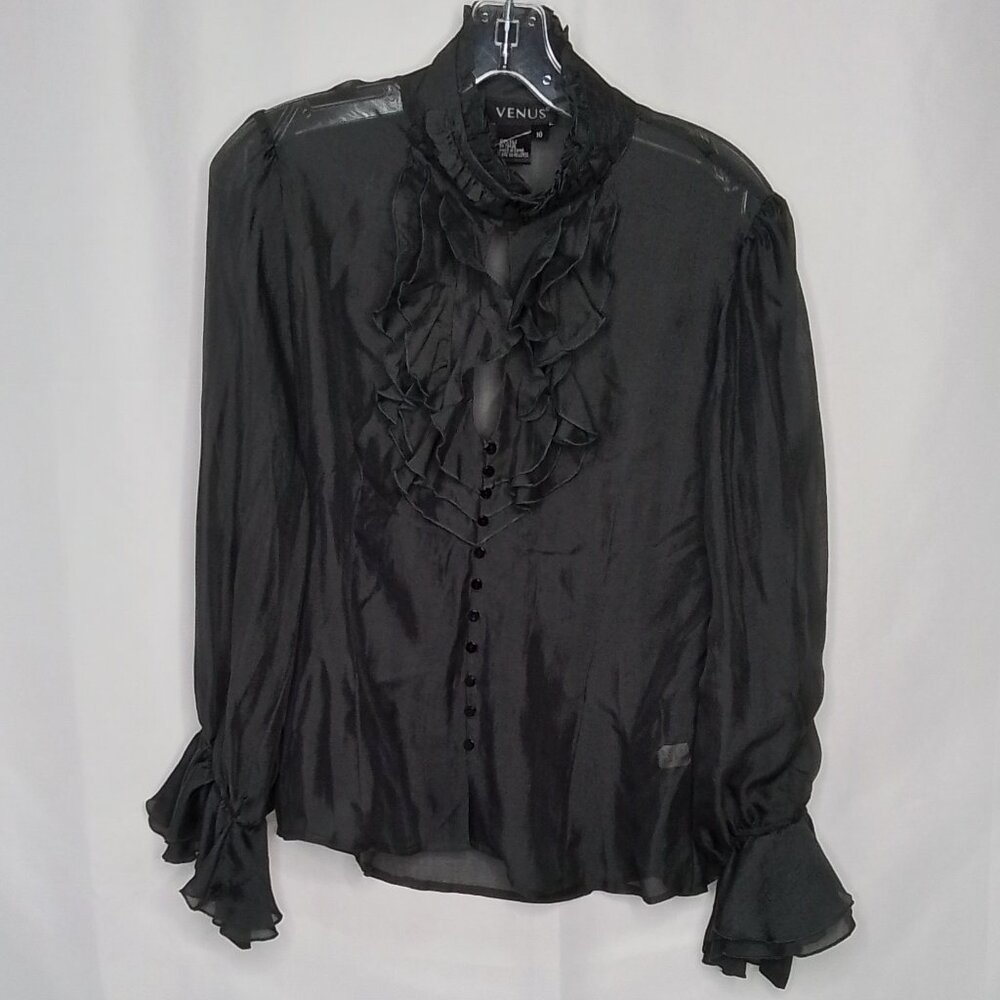 NWOT VENUS SHEER BLACK RUFFLE SILK HIGH NECK LOW CUT BUTTON DOWN BLOUSE SIZE 10